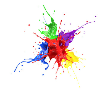 红色，蓝色，紫色，黄色和绿色油漆飞溅爆炸，相互飞溅。孤立在白色上。