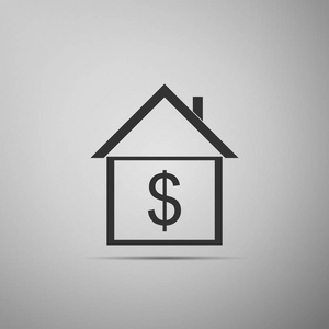 房子与美元图标隔离在灰色背景。家和钱。房地产概念。扁平设计。矢量插图