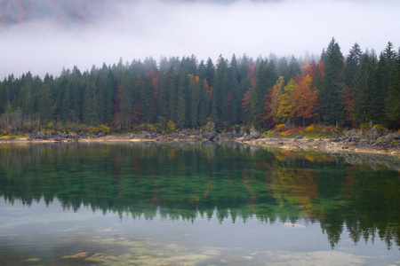 在意大利欧洲塔维西奥附近，秋天的一个雾蒙蒙的早晨，在拉吉迪辛湖上美丽的彩色森林倒影。