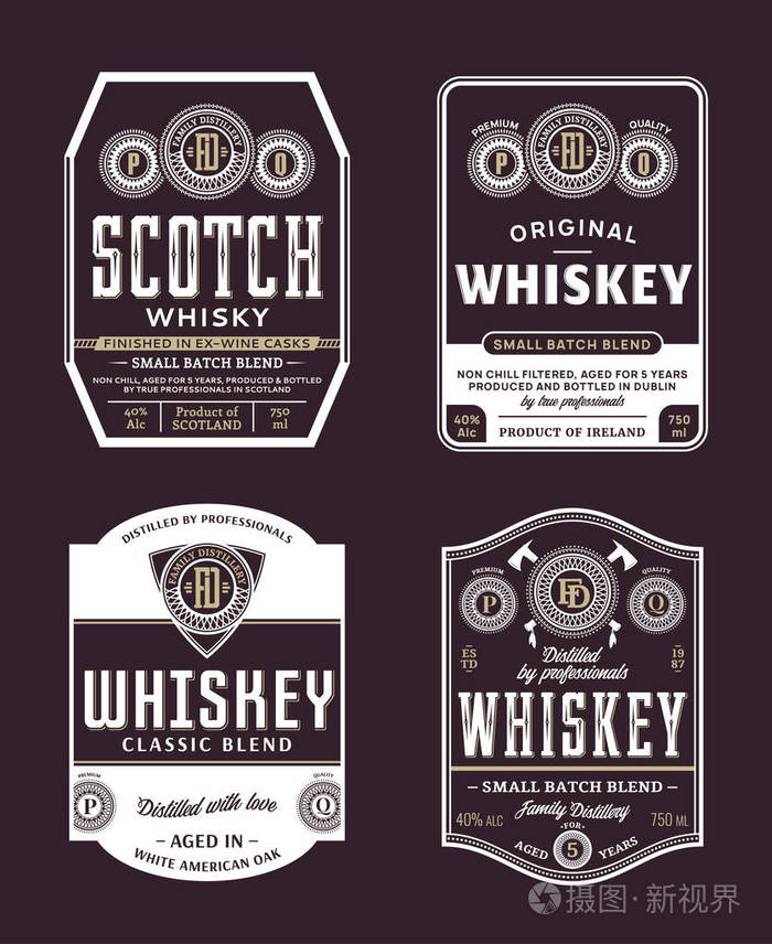矢量年份威士忌和苏格兰威士忌白色和金色标签.