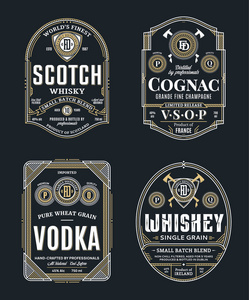 酒精饮料，老式细线标签和包装设计模板。 苏格兰威士忌干邑伏特加和威士忌标签。 提炼商业品牌和身份设计元素。