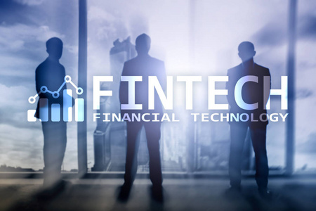 Fintech金融技术, 全球商务和信息互联网通信技术。摩天大楼背景。高新技术企业理念