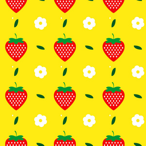 黄色背景上有花的草莓。 矢量无缝背景图