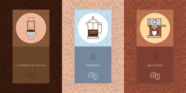 咖啡矢量无缝图案与时尚细线图标和替代咖啡酿造矢量咖啡店背景与线性图标设置。