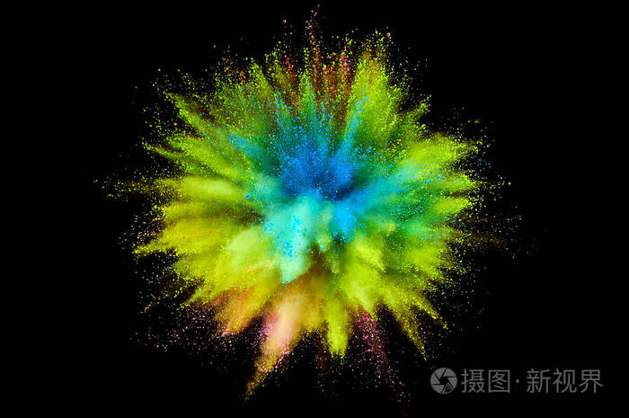 彩色粉末爆炸背景上的抽象特写尘埃五颜六色的爆炸油漆