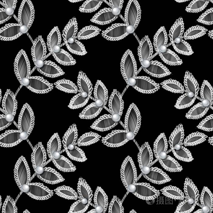 带装饰叶子和珍珠的蕾丝无缝图案