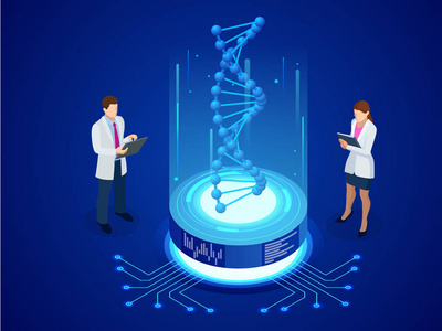 等特元 dna 螺旋, dna 分析概念。数字蓝色背景。创新医药和技术