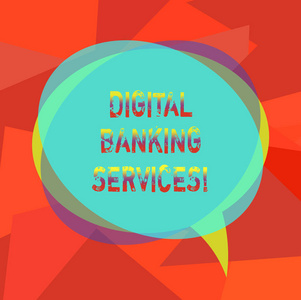 显示数字银行服务的文字符号。所有过时的银行活动的概念照片数字化空白语音气泡照片和透明圆重叠堆栈
