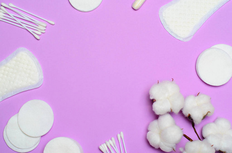 s Sanitary Products on Pink Background, Top View, Copy Space