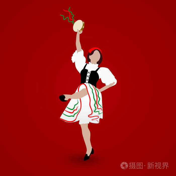 一个年轻的女孩身着民族服装 在红色背景上跳着意大利的狼人和手鼓
