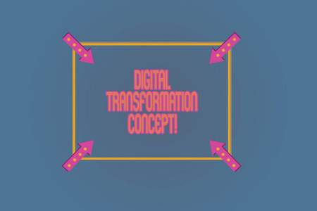 显示数字化转型概念的概念手写。商业照片文本实现无纸化使用带有角落箭头的数字技术广场轮廓, 指向颜色背景