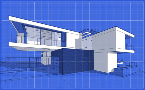 现代舒适房屋的三维渲染草图与车库出售或租赁。图形黑线草图与白点在蓝图背景。