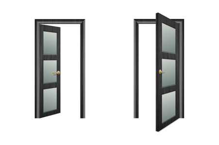 矢量逼真的不同打开和封闭的黑色木门图标设置特写镜头隔离在棕色背景。体系结构的元素。图形经典家庭门的设计模板。前视图