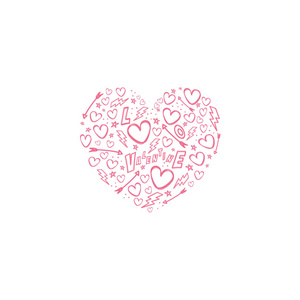 心脏形状的心脏与情人节字体隔离在白色背景