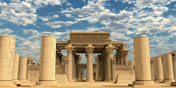 古神古埃及旧王国的一座庙宇,柱上有古神和象形文字的雕像.照片