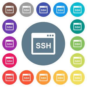 SS H客户端应用程序圆形颜色背景上的平面白色图标。 包括17种背景颜色变化。
