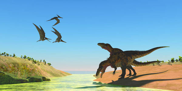 翼龙爬行动物飞越两个棘龙恐龙，因为他们喝从一条溪流在白垩纪。