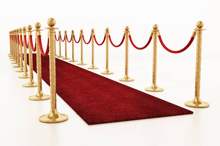 沿着红地毯的天鹅绒绳子和金色的屏障。 三维插图。
