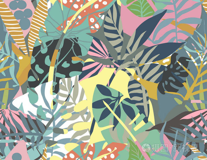 向量无缝的样式与热带植物和手绘抽象纹理