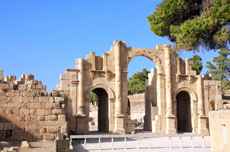 凯旋门在杰拉什Gerasa古罗马首都和最大的城市杰拉什省约旦。 联合国教科文组织世界遗产遗址