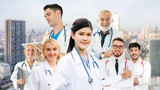 医疗保健人员在创意布局中肖像。 专业医务人员，医生，护士和外科医生。 医疗技术研究所和医生服务理念。