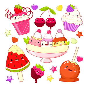 一套可爱的甜蜜图标在卡瓦伊风格与笑脸和粉红色脸颊甜蜜的设计。 冰淇淋与草莓圣代儿童香蕉裂焦糖苹果西瓜纸杯蛋糕。 eps8