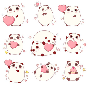 s day. Collection of cute pandas with pink hearts in kawaii styl