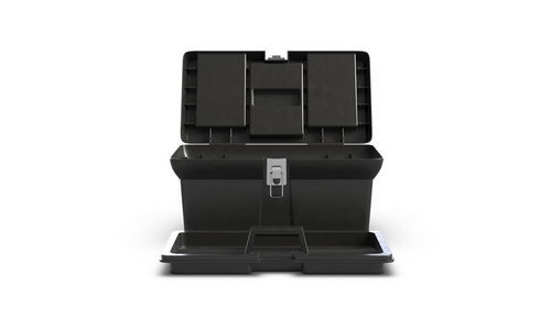 3d 渲染的黑色塑料工具箱隔离在白色背景