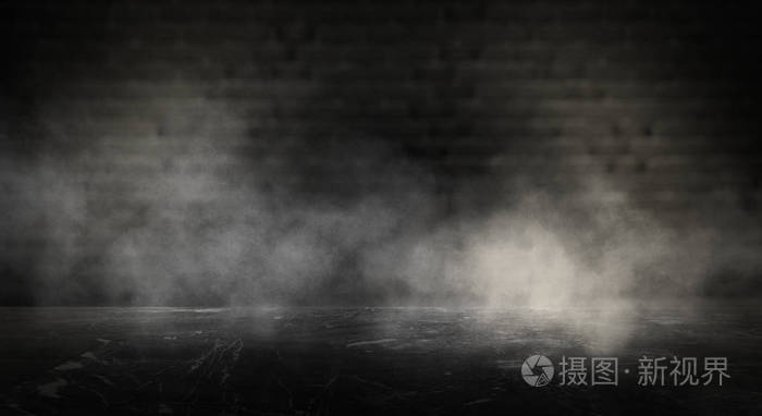 一个空荡荡的黑暗房间的背景.空墙,霓虹灯,烟雾,辉光