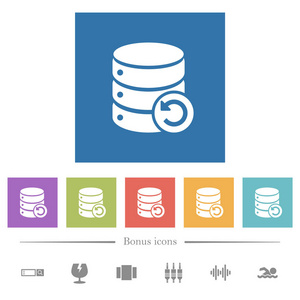 撤消数据库更改方形背景中的平面白色图标。包括6个奖金图标。