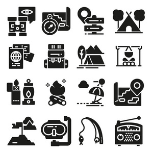 露营和徒步旅行的图标和符号集。矢量插图冒险