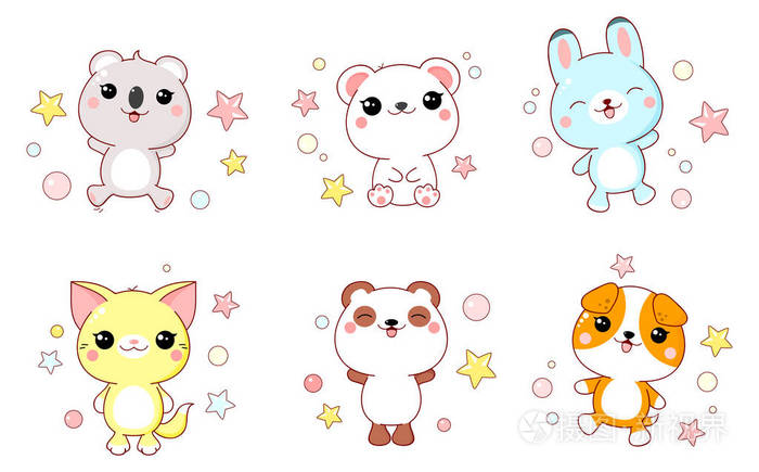 一套可爱的动物,北极熊,熊猫,狗,兔子,猫考拉,卡瓦伊风格. eps8