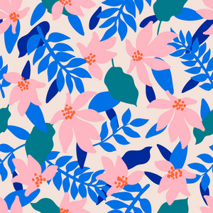 无缝的花纹。时尚的纺织品图案与装饰热带叶子和珊瑚花在蓝色的背景。向量例证
