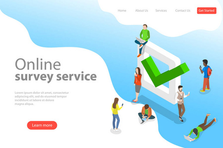 在线调查服务平面等距矢量着陆页模板