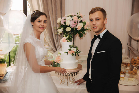 新郎和新娘站在婚礼蛋糕旁边。婚礼夫妇在他们的婚礼上切蛋糕