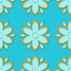 无缝背景与三维花卉蓝色和橙色元素。 矢量插图
