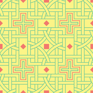 几何无缝图案。 黄色背景，粉红色和绿色设计壁纸纺织品和织物