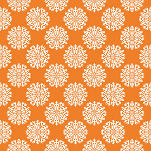 带有白色元素的橙色花饰。 纺织品和壁纸的无缝图案