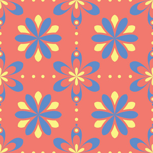 花卉设计无缝图案。 壁纸和纺织品三文鱼红色背景上的亮黄色和蓝色花卉元素