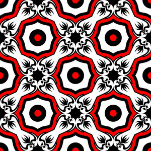花卉无缝图案。 壁纸纺织品和织物的黑色红色和白色背景。