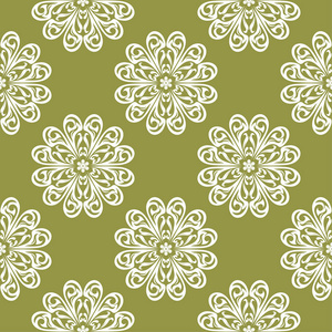 橄榄绿背景上的白色花饰。 纺织品和壁纸的无缝图案