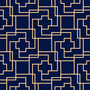 金色蓝色几何无缝图案的网络纺织和壁纸