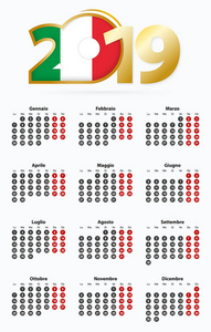 矢量模板日历2019年与数字在圆圈简单的意大利日历2019年。