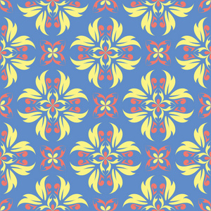 花卉无缝图案。 蓝色背景，彩色花卉元素，用于壁纸纺织品和织物