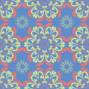 花卉无缝图案。 壁纸纺织品和织物蓝色背景上的红黄花元素