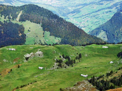 瑞士圣加伦州丘尔弗林登山脉下高原上的秋天牧场和丘陵