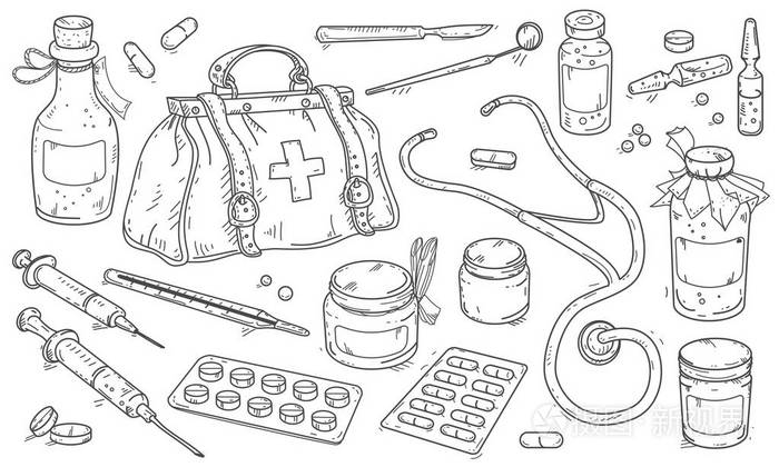 医疗器械和医生包, 药丸和药瓶