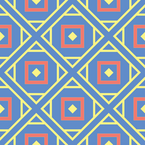 蓝色几何无缝背景。 明亮的多色设计，红色和黄色图案的壁纸，纺织品和织物