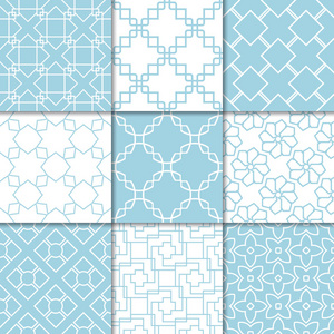 蓝色和白色几何装饰。 网织和壁纸无缝图案的收集