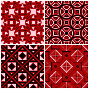 红色无缝背景与黑白几何图案的壁纸，纺织品和织物